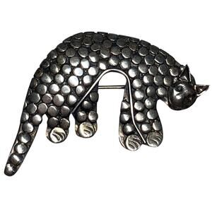 Vtg 925 Marked Sterling Silver Cat Pin Brooch Kitty Spots Statement Art Deco